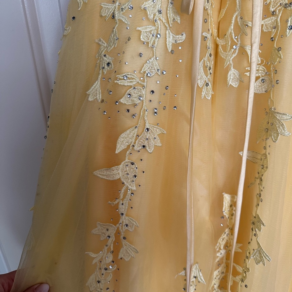 Gold Yellow High Neck Ruffles Long Sleeves Prom Dress with Crystal